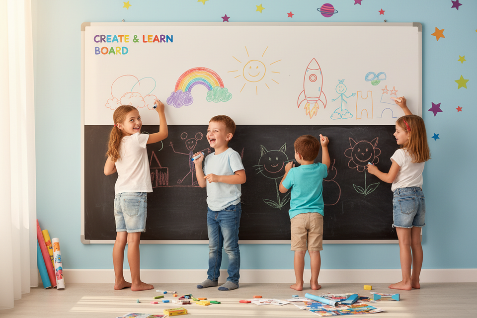 pizarra pegable y niños dibujando